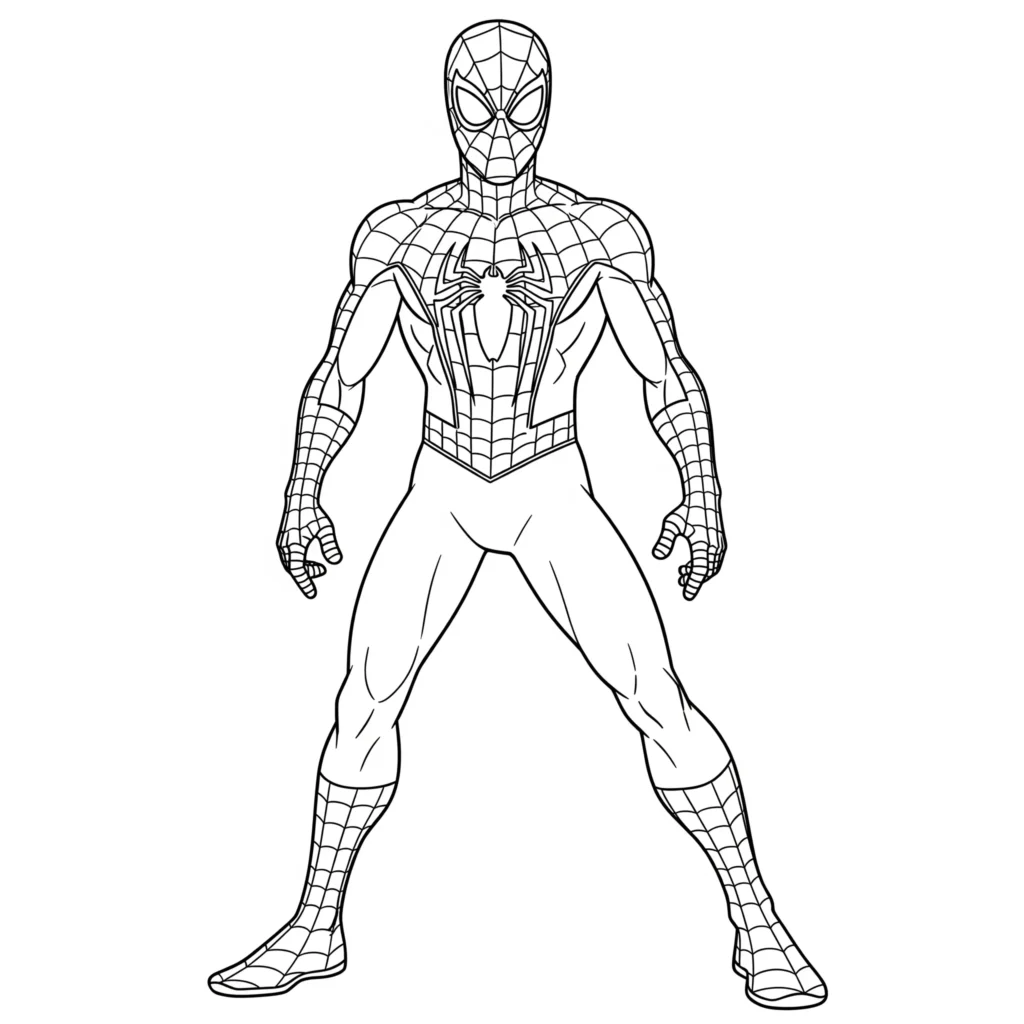 Spiderman steht in klassischer Superheldenpose – einfache und kostenlose Malvorlage für Kinder zum Ausdrucken und Ausmalen