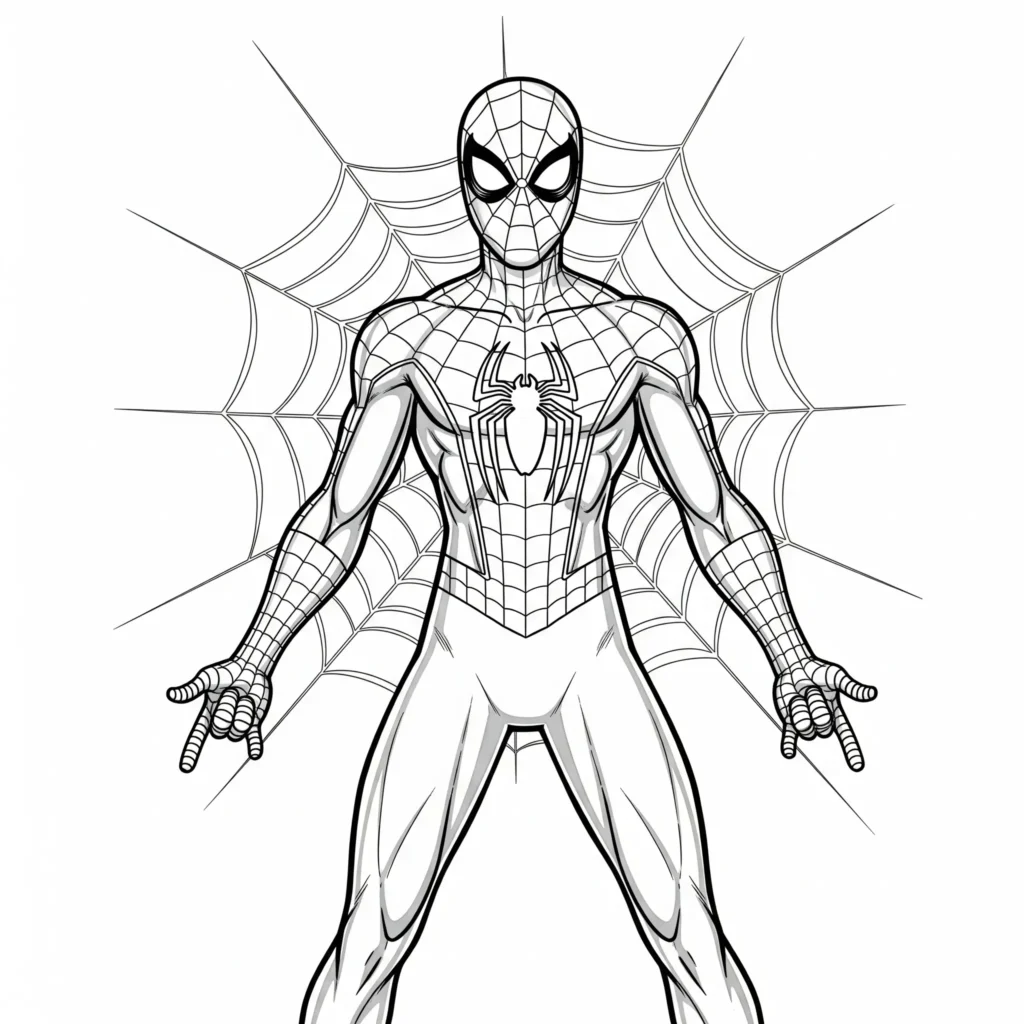 Spider-Man steht heroisch vor einem großen Spinnennetz als Hintergrund – detaillierte Ausmalvorlage zum Ausdrucken und Ausmalen für Kinder