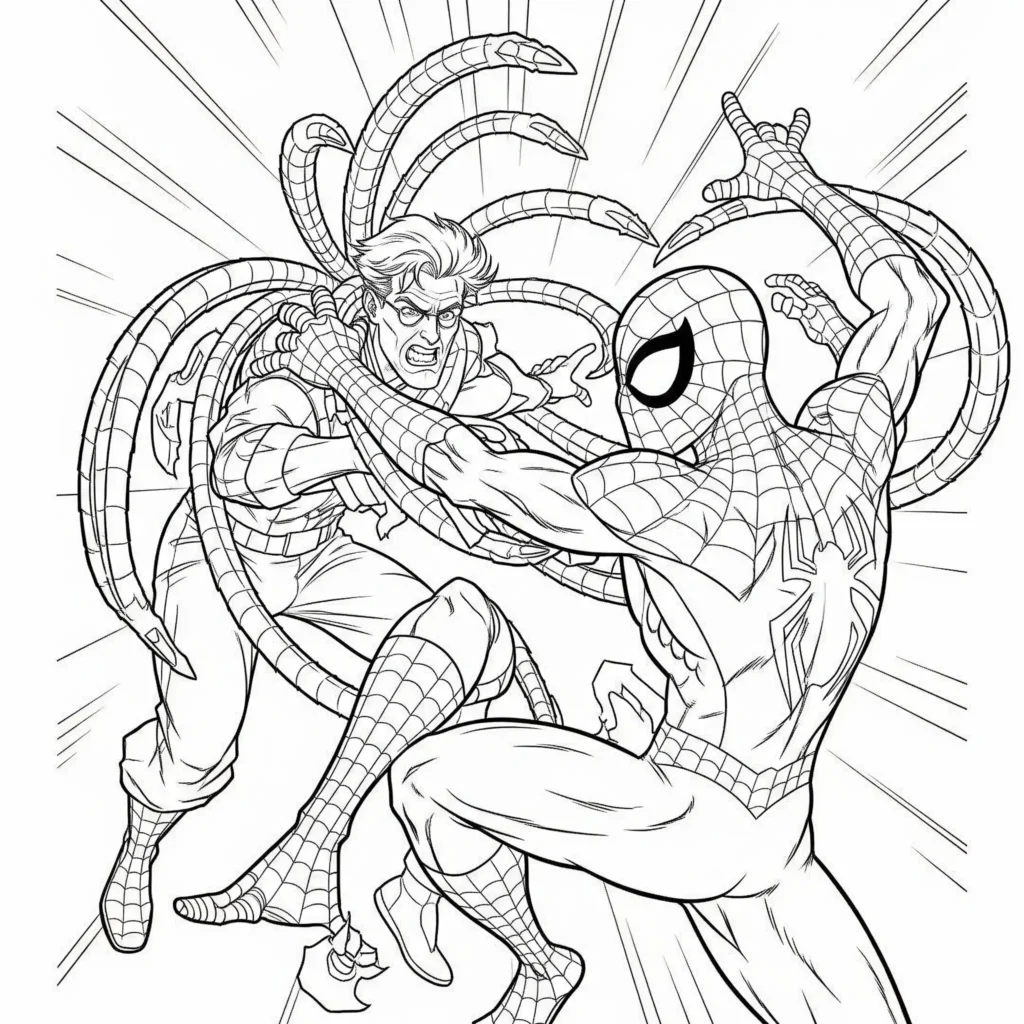 Spiderman kämpft gegen Doctor Octopus mit seinen mechanischen Armen in einer actiongeladenen Szene – kostenlose Malvorlage zum Ausdrucken für Kinder