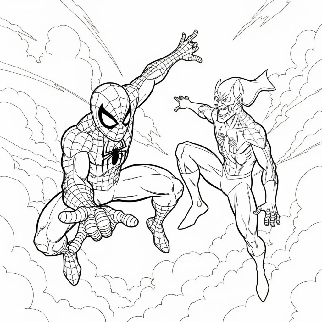Spiderman kämpft gegen den Green Goblin in einer spannenden Action-Szene – kostenlose Ausmalvorlage für Kinder zum Ausdrucken