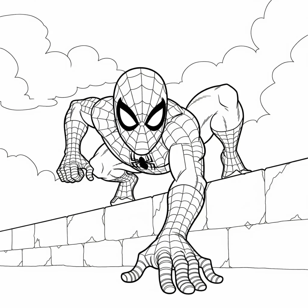 Spiderman klettert eine hohe Wand senkrecht hinauf – spannende Ausmalvorlage für Kinder zum Ausdrucken und Ausmalen