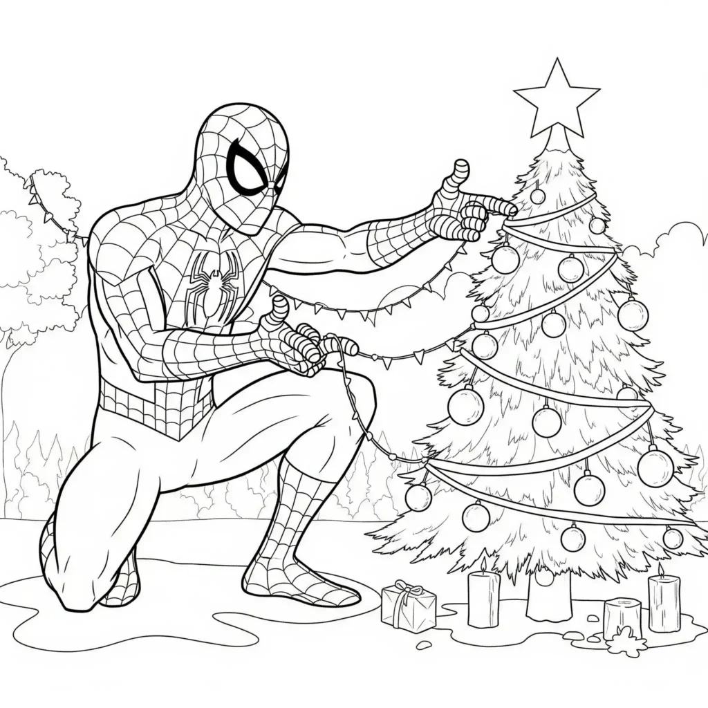 Spider-Man dekoriert fröhlich einen Weihnachtsbaum mit Kugeln und Lichtern – kindgerechte Ausmalvorlage zum Ausdrucken und Ausmalen