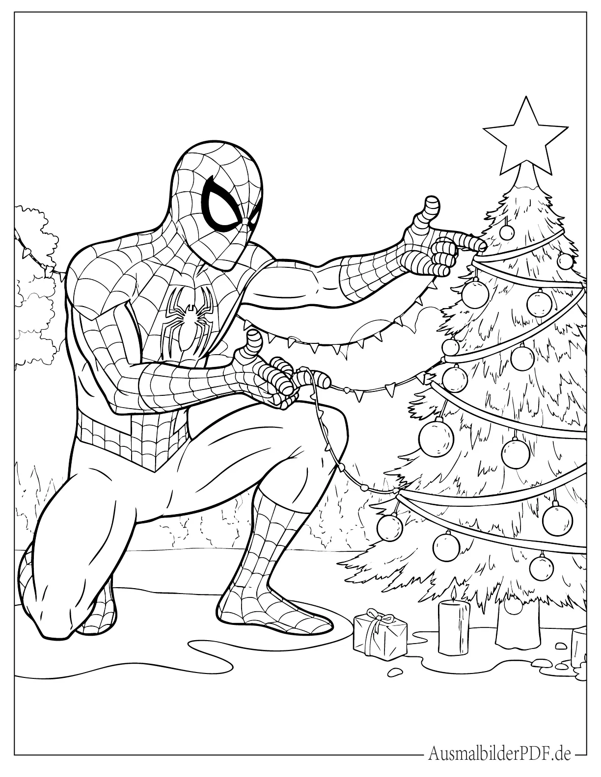 Ausmalbild SpiderMan schmückt einen Weihnachtsbaum