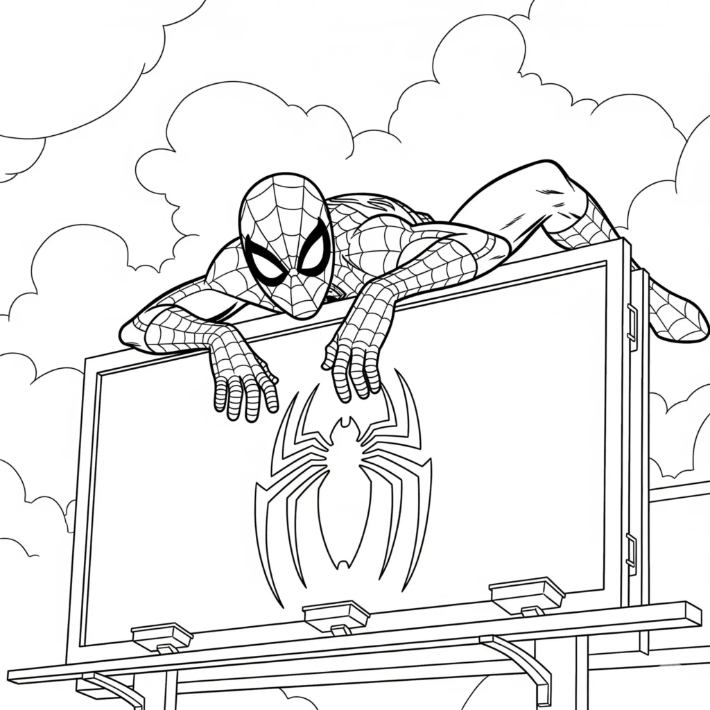 Diese Ausmalvorlage zeigt Spiderman, wie er auf einem Werbeschild über der Stadt pausiert. Ideal zum Ausdrucken und Ausmalen für Kinder!