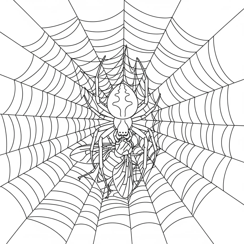 Spinne Ausmalbild zeigt eine Spinne beim Fangen einer Fliege zum Ausdrucken für Kinder