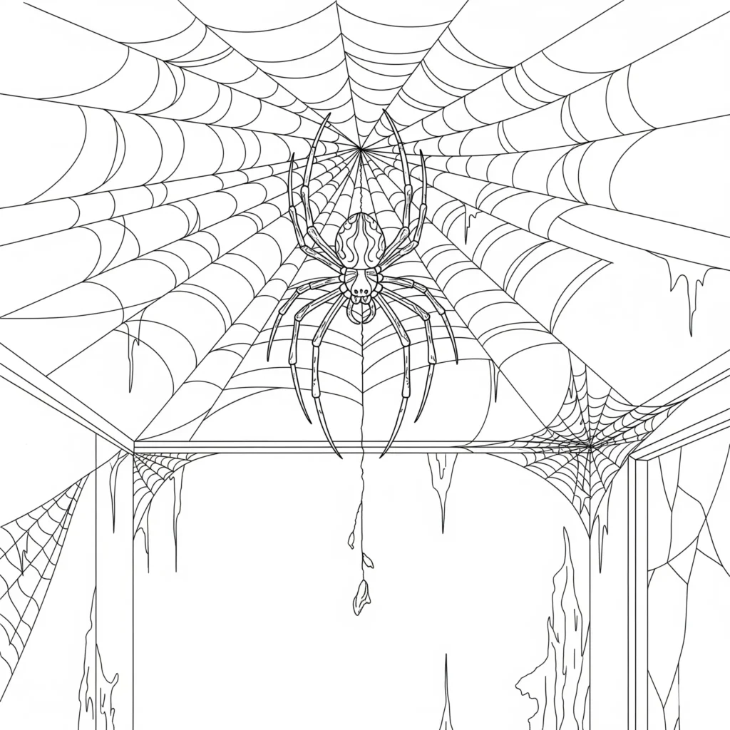 Spinne in einem gruseligen Geisterhaus Ausmalbild zum Ausdrucken für Kinder und Halloween-Fans