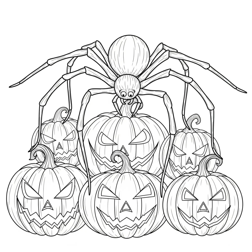 Spinne Malvorlage mit Halloween Kürbissen zum Ausdrucken für Kinder und Halloween Fans