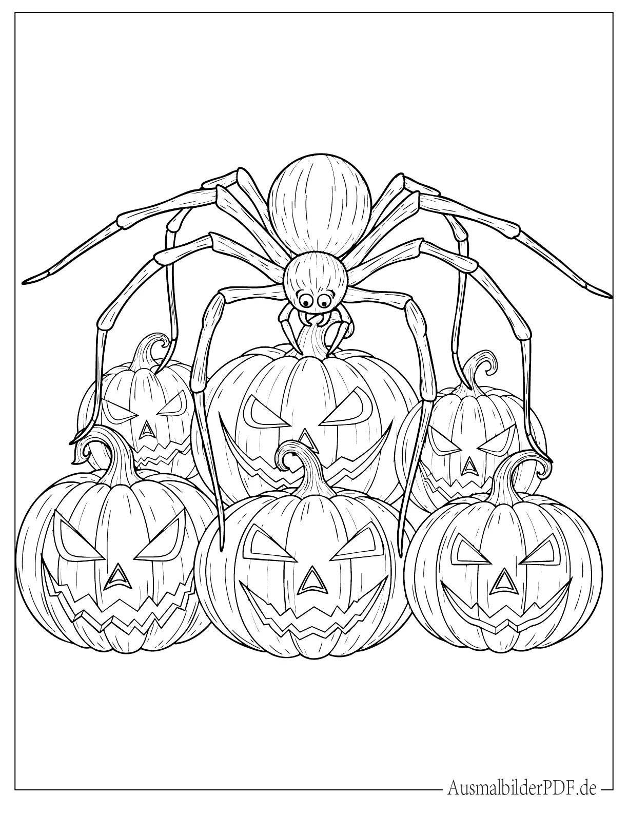 Große Halloween Spinne Malvorlage sitzt auf mehreren Kürbislaternen