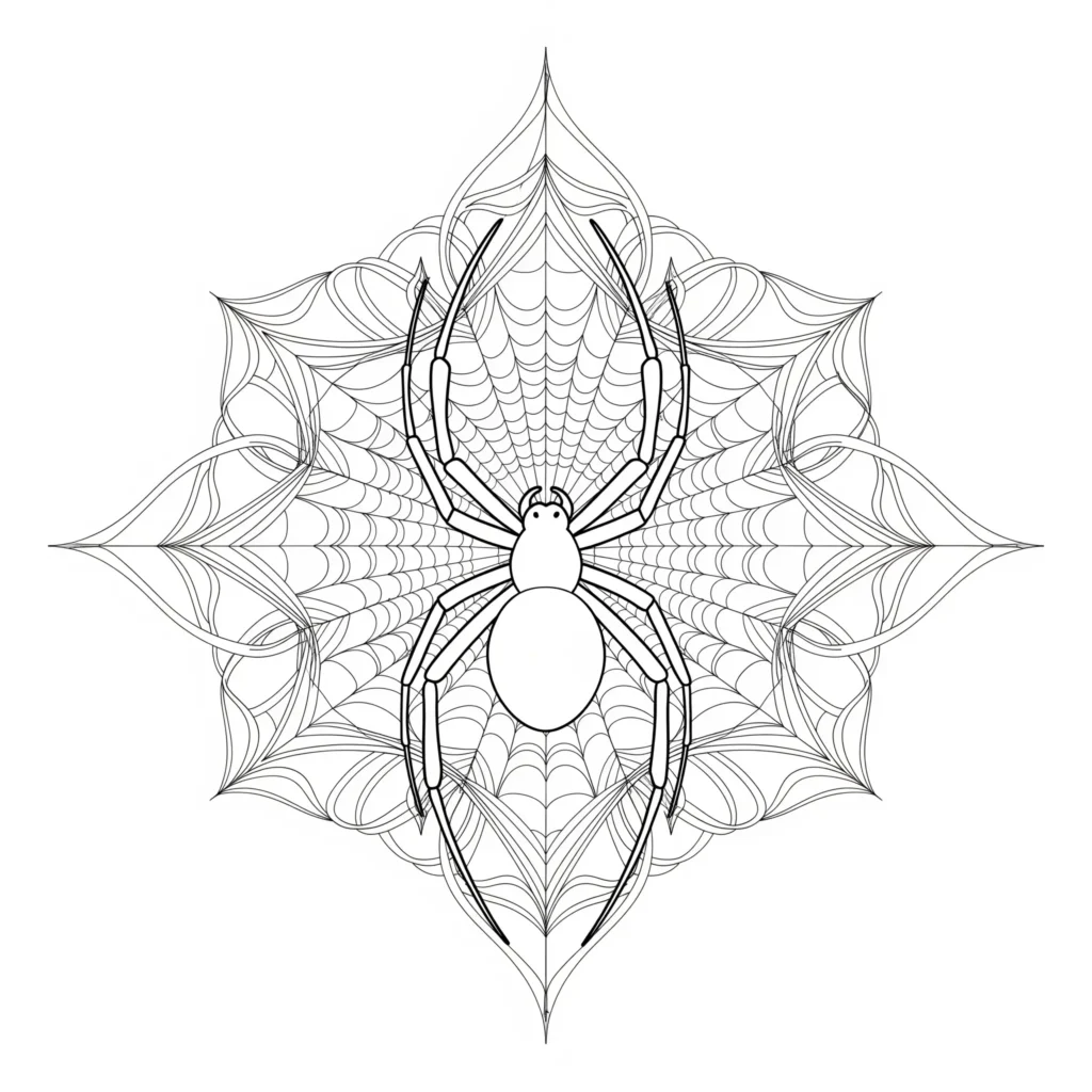Spinne Mandala Ausmalbild mit komplexem Muster zum Ausdrucken für Entspannung und Kreativität