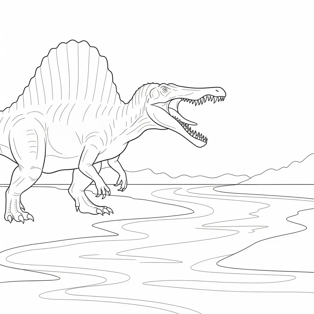 Spinosaurus malvorlage mit furchteinflößendem Dinosaurier, der laut am Fluss brüllt ideal als spinosaurus ausmalbild für kinder zum ausdrucken