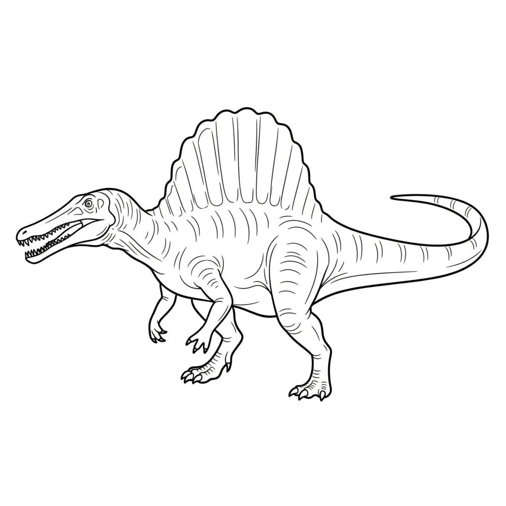 Spinosaurus ausmalbild zeigt den Dinosaurier in Seitenansicht mit Details zum Ausmalen als spinosaurus malvorlage für Kinder kostenlos
