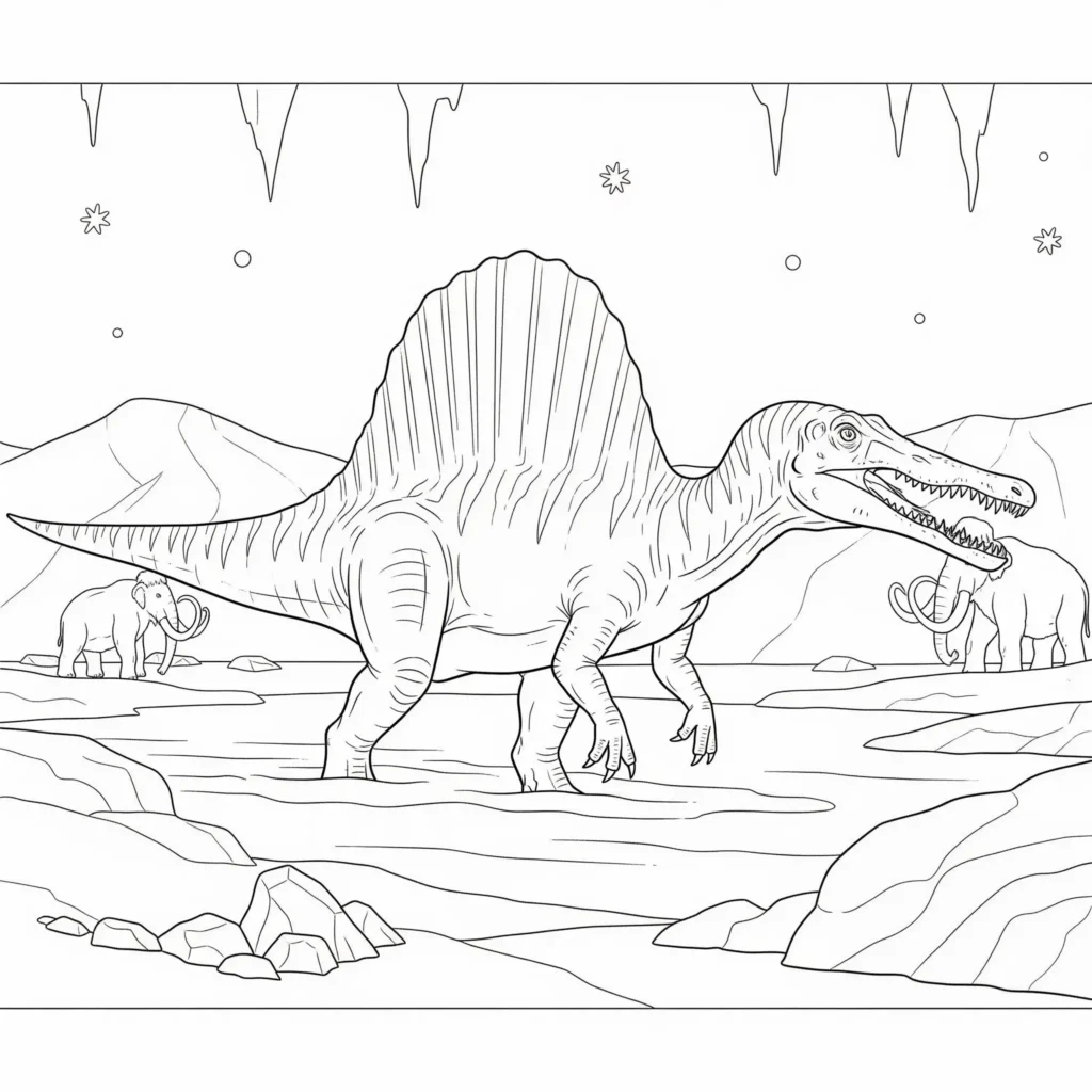 Spinosaurus ausmalbild zeigt den Dinosaurier in einer eiszeitlichen Landschaft mit Schnee und Bergen als spinosaurus malvorlage pdf für kinder