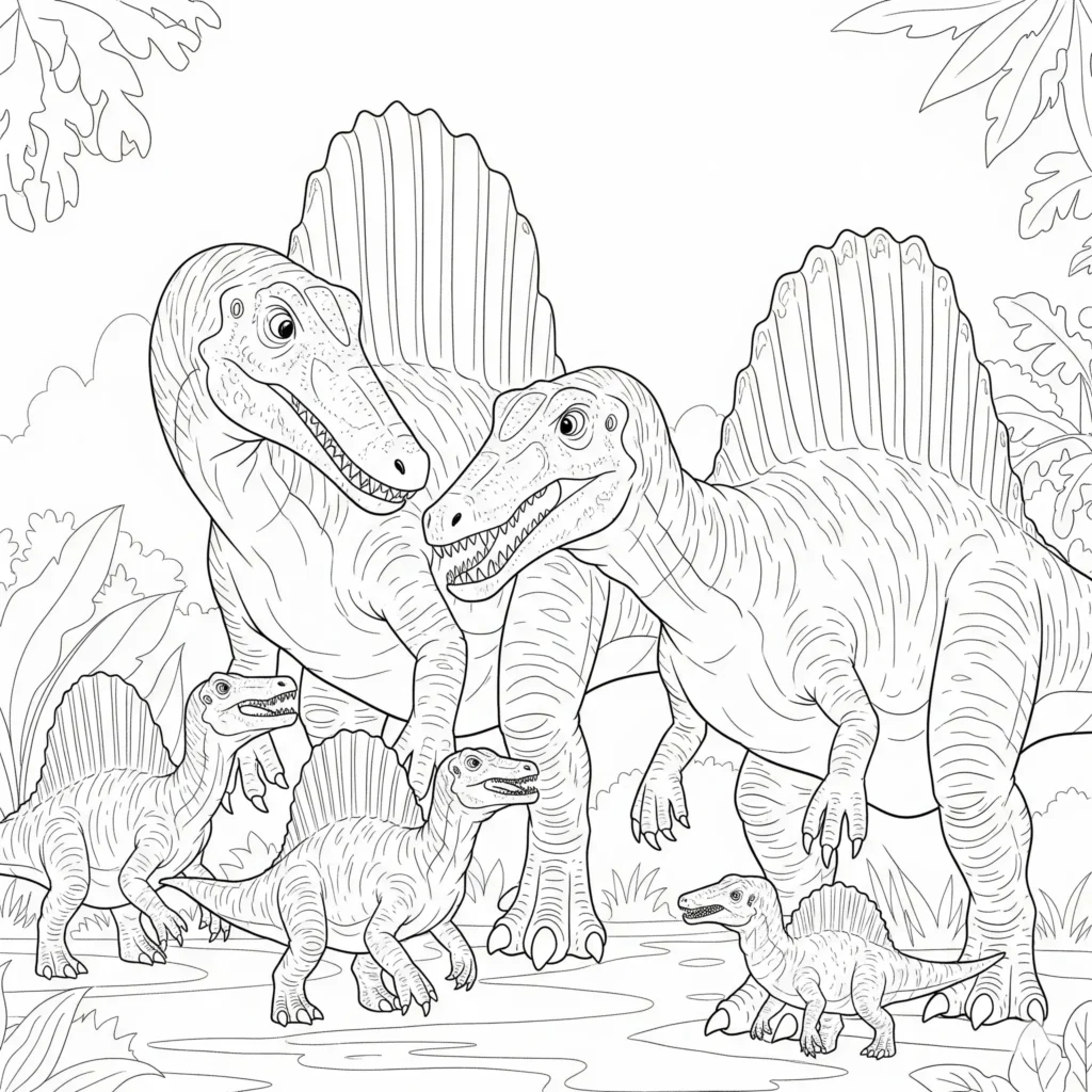Spinosaurus ausmalbild zeigt eine Dinosaurierfamilie mit Eltern und Baby geeignet als spinosaurus malvorlage zum ausdrucken für kinder