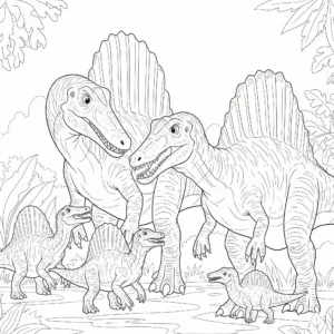 Spinosaurus ausmalbild zeigt eine Dinosaurierfamilie mit Eltern und Baby geeignet als spinosaurus malvorlage zum ausdrucken für kinder