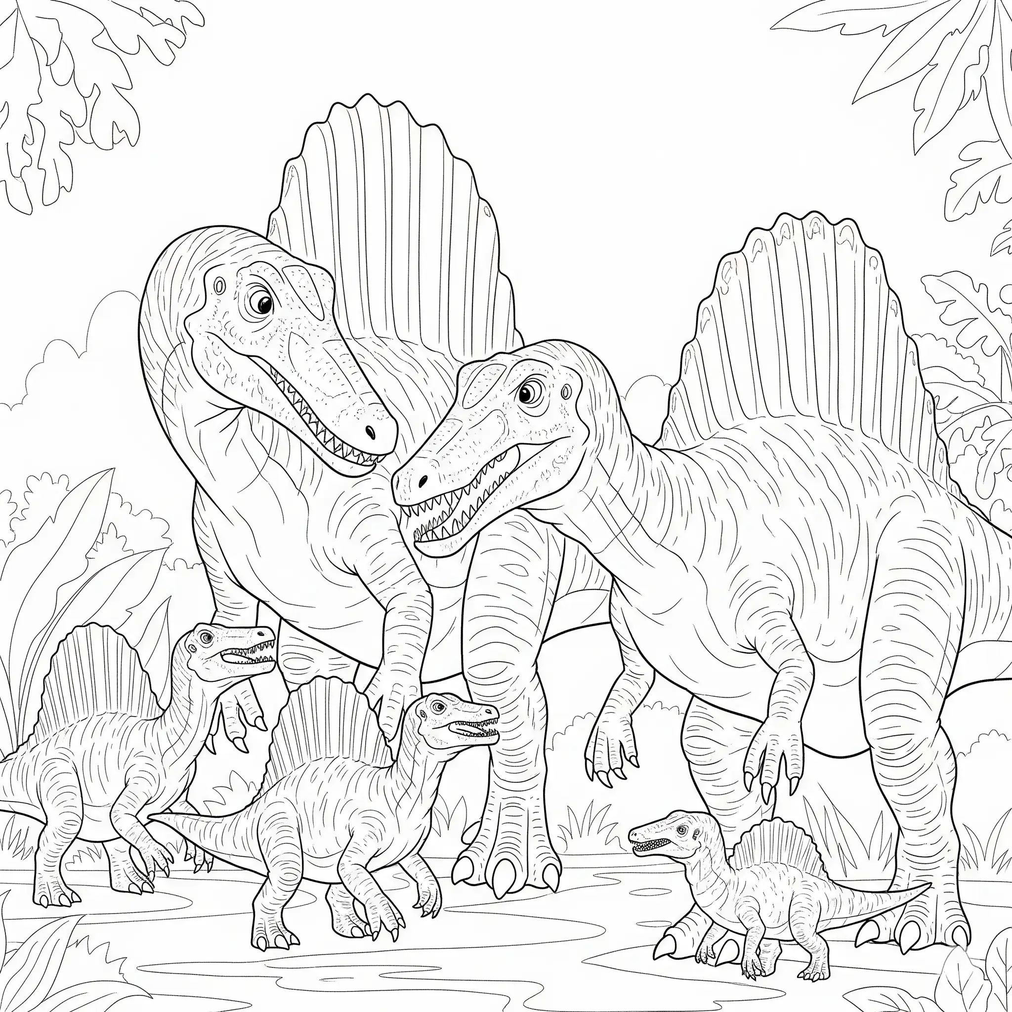 Spinosaurus ausmalbild zeigt eine Dinosaurierfamilie mit Eltern und Baby geeignet als spinosaurus malvorlage zum ausdrucken für kinder