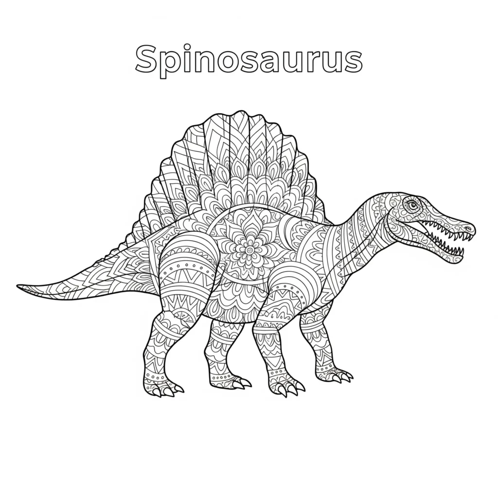 Spinosaurus malvorlage mit mandala muster zeigt den Dinosaurier in dekorativem Stil als entspannendes spinosaurus ausmalbild für kinder und erwachsene