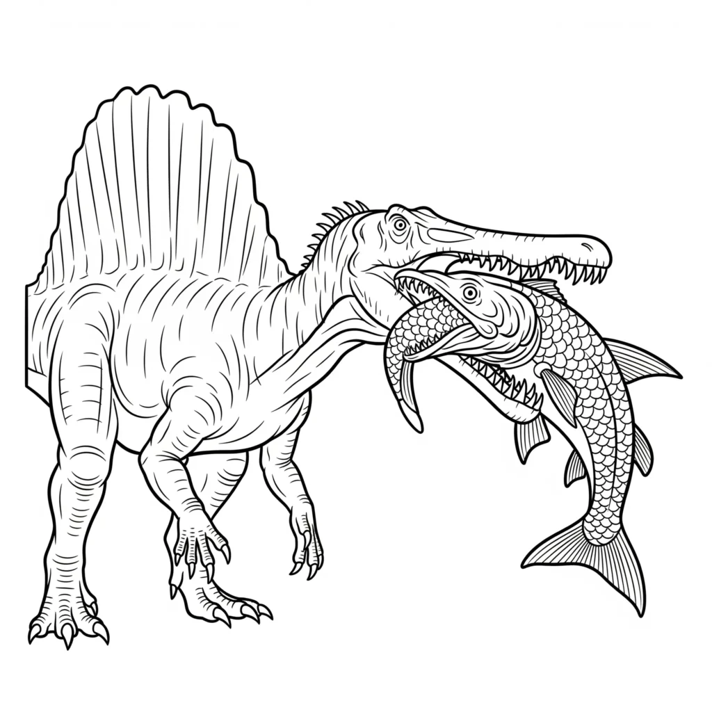 Spinosaurus ausmalbild zeigt den Dinosaurier beim Fangen eines Fisches mit geöffnetem Maul als spinosaurus malvorlage zum ausdrucken für kinder