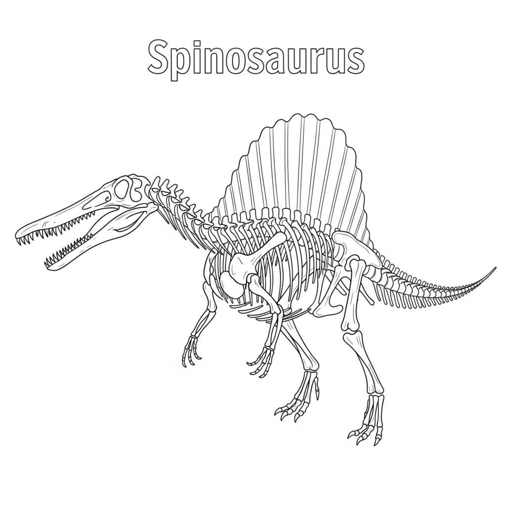 Spinosaurus ausmalbild zeigt das komplette skelett des dinosauriers als lehrreiche spinosaurus malvorlage zum ausdrucken für kinder und schüler