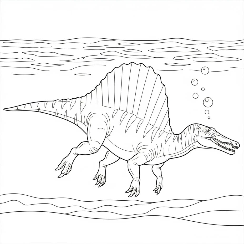 Spinosaurus ausmalbild zeigt den dinosaurier beim schwimmen unter wasser zwischen pflanzen als spinosaurus malvorlage kinder zum ausdrucken