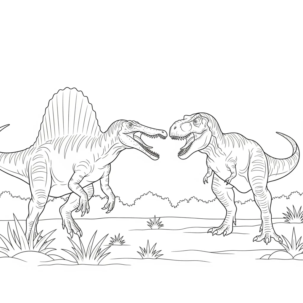 Spinosaurus ausmalbild zeigt zwei Dinosaurier im Duell spinosaurus steht einem t-rex gegenüber als spannende spinosaurus malvorlage zum ausdrucken