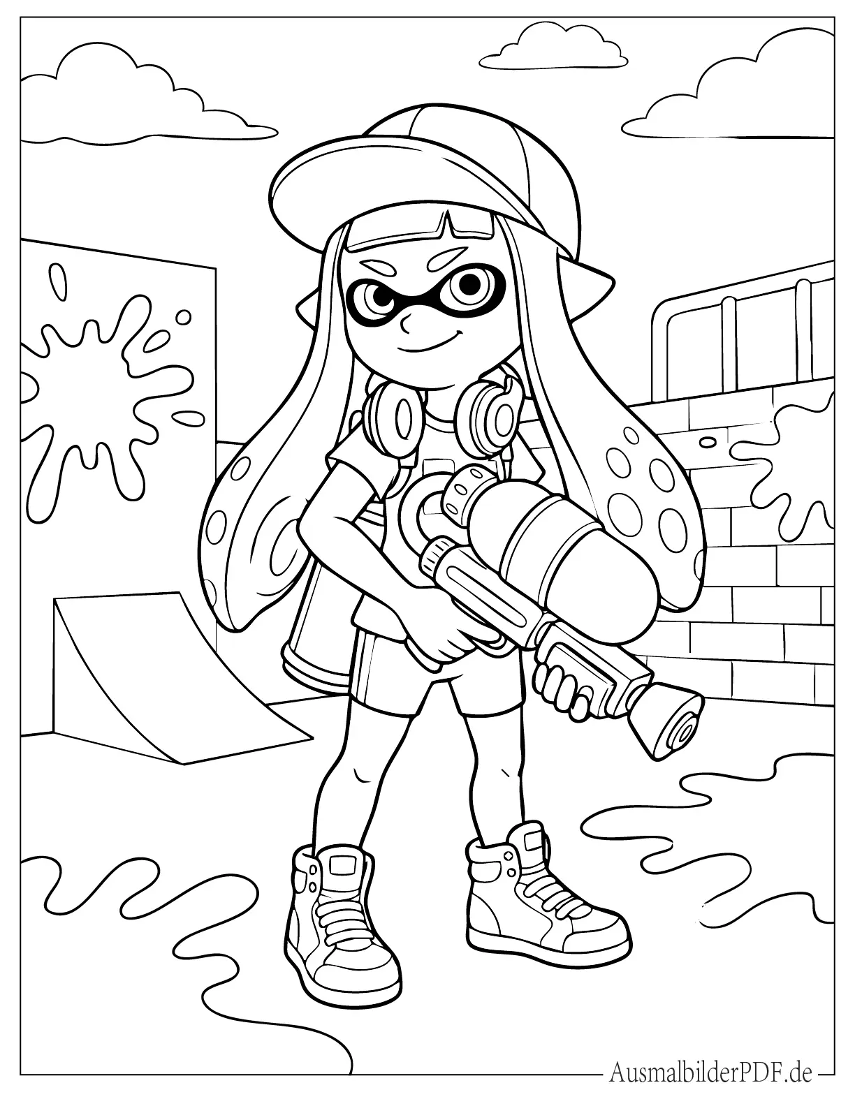 Inkling Mädchen mit einer stylischen Kappe trägt einen Tintenschießer Malvorlage