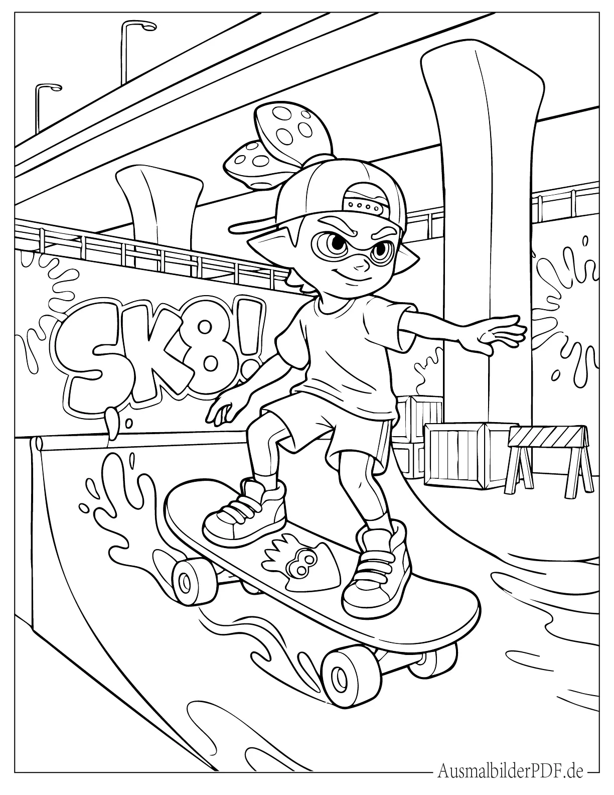 Splatoon Inkling fährt Skateboard Ausmalbild