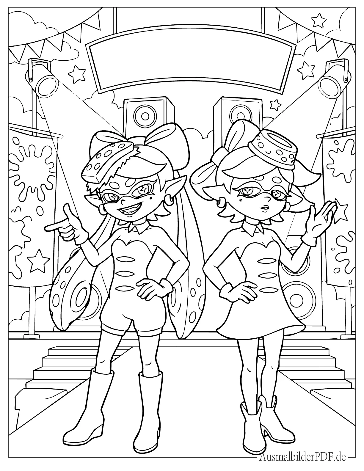 Squid Sisters Callie und Marie stehen zusammen zum Ausmalen