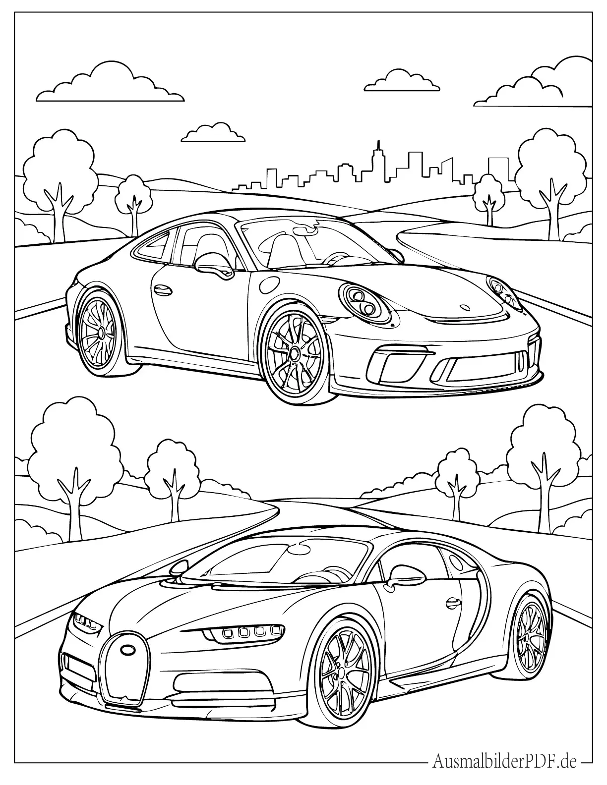 Sportwagen Bugatti und Porsche Ausmalbild zum Ausdrucken