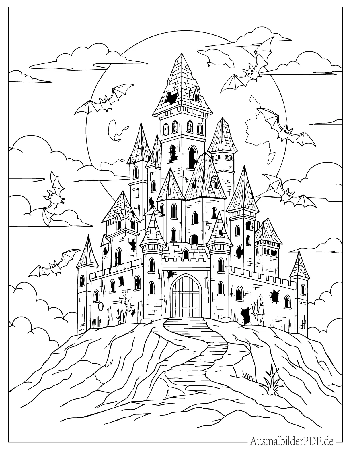 Realistisches Gruselschloss auf einem Hügel Malvorlage