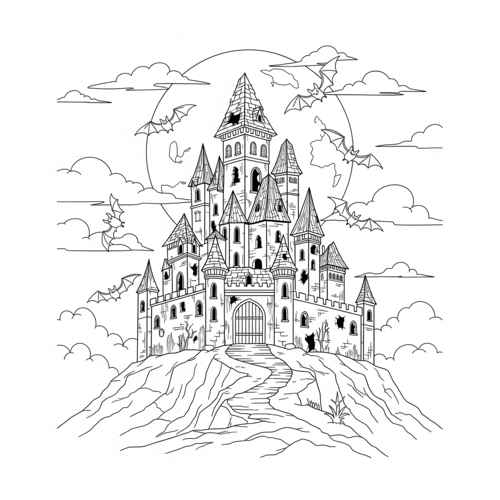 Schloss Ausmalbilder (Kostenlos Malvorlage zum Ausdrucken) Schloss malvorlage mit gespenstischem motiv auf einem huegel als pdf druckvorlage ideal für halloween und kinder