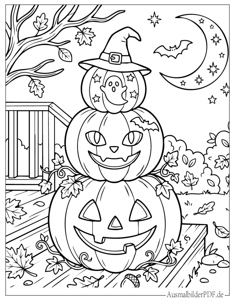 Drei gestapelte Halloween Kürbisse als Ausmalbild, einfache Formen für Kinder und ideal zum Ausdrucken und kreativen Gestalten