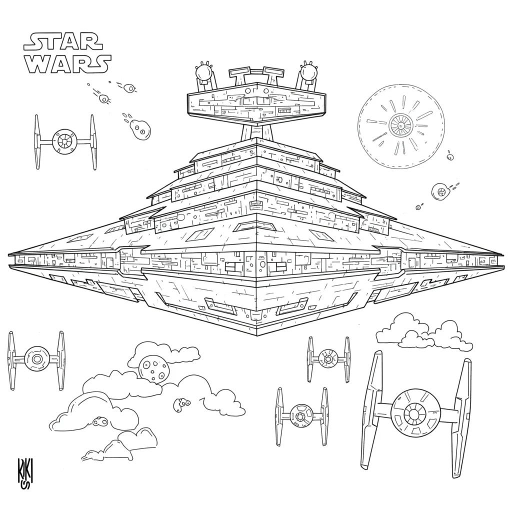 24 Star Wars Ausmalbilder (Gratis Malvorlage zum Ausdrucken) Detailliertes Ausmalbild des Star Destroyers aus Star Wars – perfekt für Kinder und Fans zum Ausdrucken und Ausmalen.