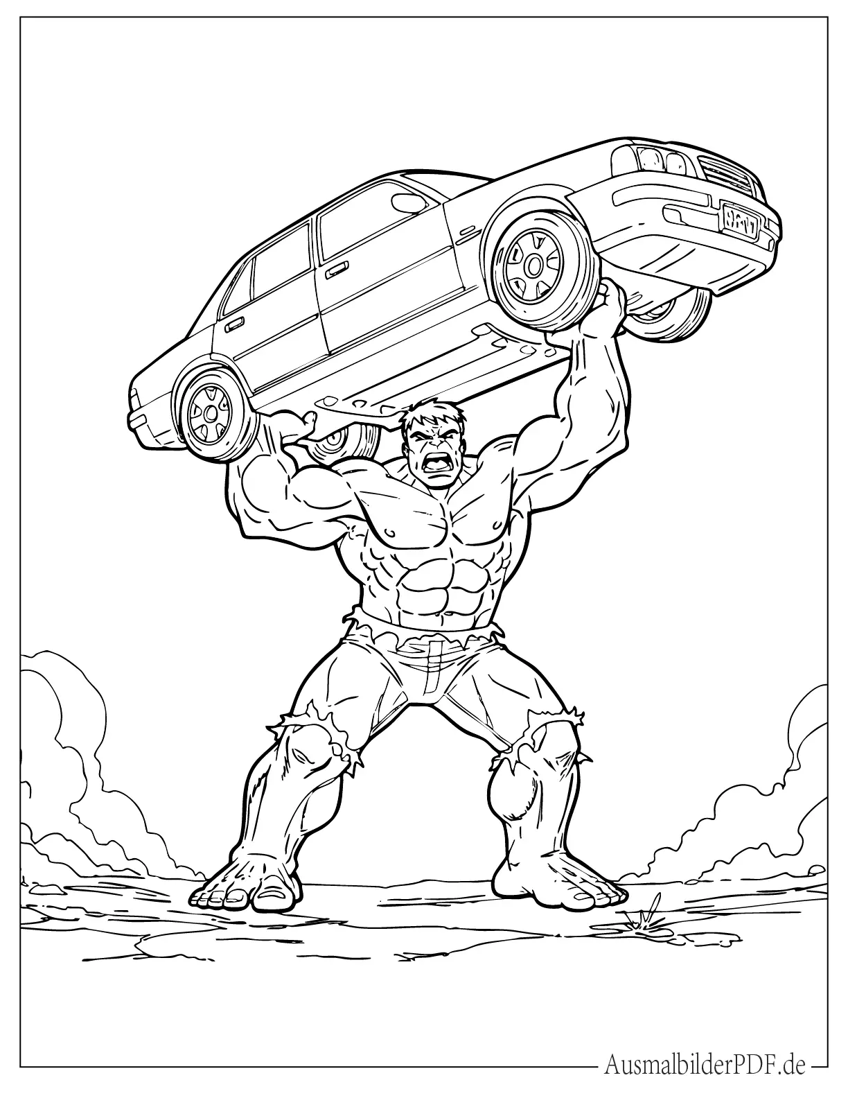 Starker Hulk hebt Auto Malvorlage