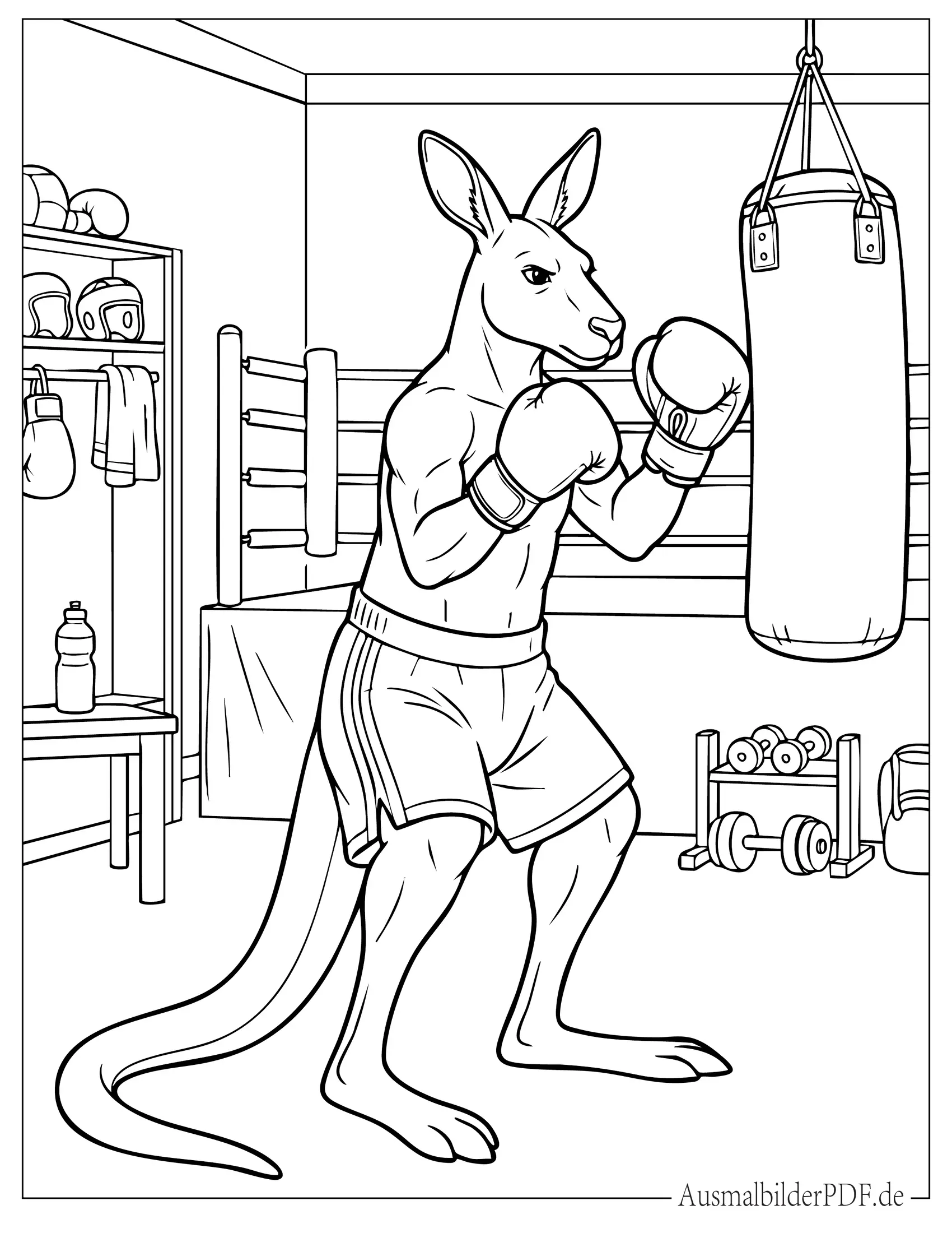 Starkes Känguru Boxer mit Handschuhen im Trainingsstudio Ausmalbild