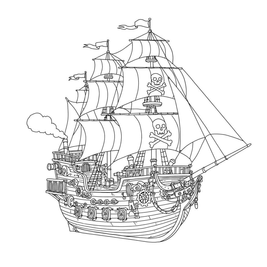 Steampunk Piratenschiff Ausmalbild mit Zahnrädern und mechanischen Details. Kostenlose PDF Vorlage zum Ausdrucken für Kinder.