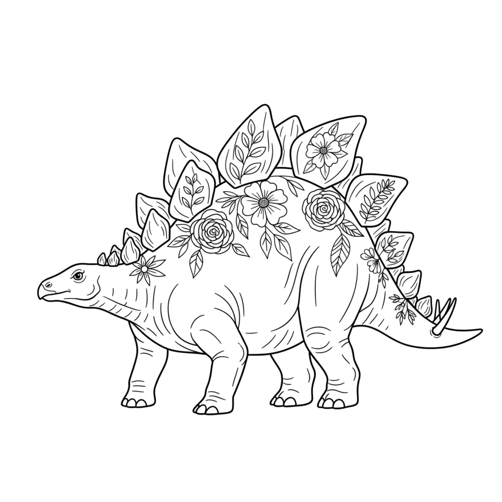 Stegosaurus ausmalbild zum ausdrucken mit einem dinosaurier dessen rückenschilder mit blumenmustern verziert sind für kinder und erwachsene