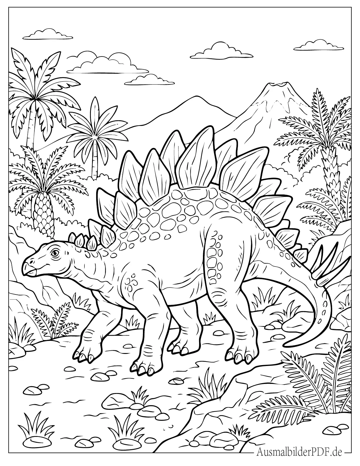 Detaillierter Stegosaurus Dinosaurier läuft im Wald Ausmalvorlage