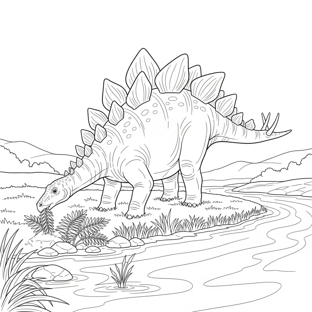Stegosaurus malvorlage kinder mit einem grasenden dinosaurier der in einer landschaft mit pflanzen steht zum ausdrucken und ausmalen