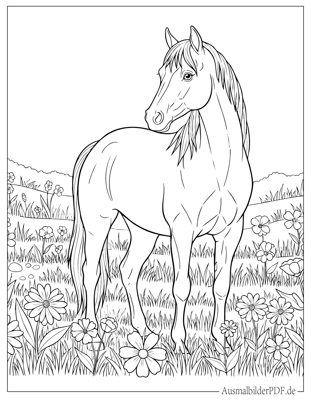 Pferd steht auf Blumenwiese Ausmalbild