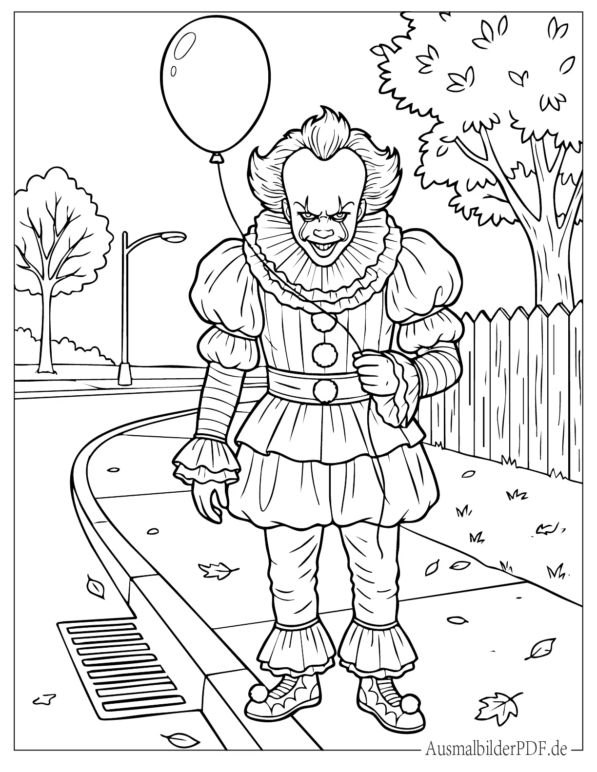 Stephen Kings Pennywise Clown hält einen Luftballon Ausmalbild