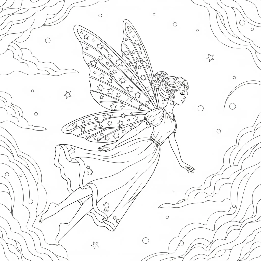 16 Feen Ausmalbilder (Kostenlos Malvorlage zum Ausdrucken) Dieses bezaubernde Fee Ausmalbild zeigt eine Sternen Fee mit funkelnden Flügeln, die wie der Nachthimmel glitzern. Kinder können Sterne, Mond und Flügel kreativ gestalten.