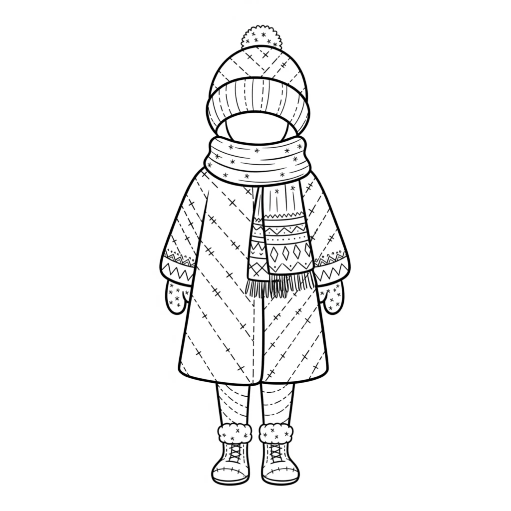 20+ Ausmalbilder Winter (Kostenlos Malvorlage zum Ausdrucken) Ausmalbild von Stitch in einem warmen Wintermantel und Schal, stehend im Schnee.