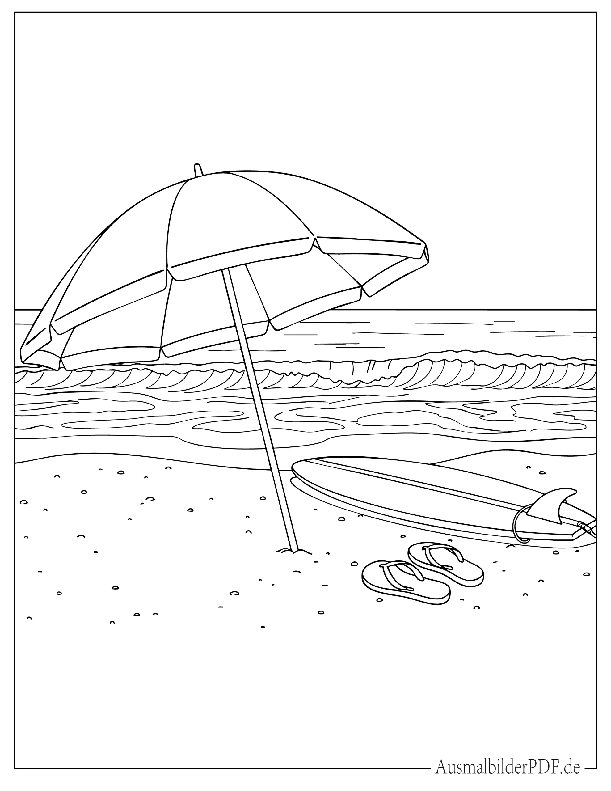 16 Strand Ausmalbilder (Gratis Malvorlagen zum Ausdrucken) Strandszene mit Sonnenschirm und Surfbrett Ausmalbild für Kinder