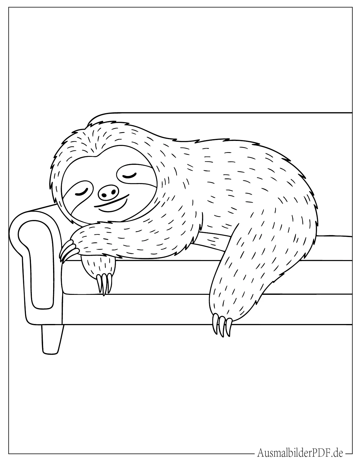 10 Faultier Ausmalbilder (Gratis Vorlagen zum Ausdrucken) Einfaches Faultier schläft auf Sofa Ausmalbild für Vorschulkinder