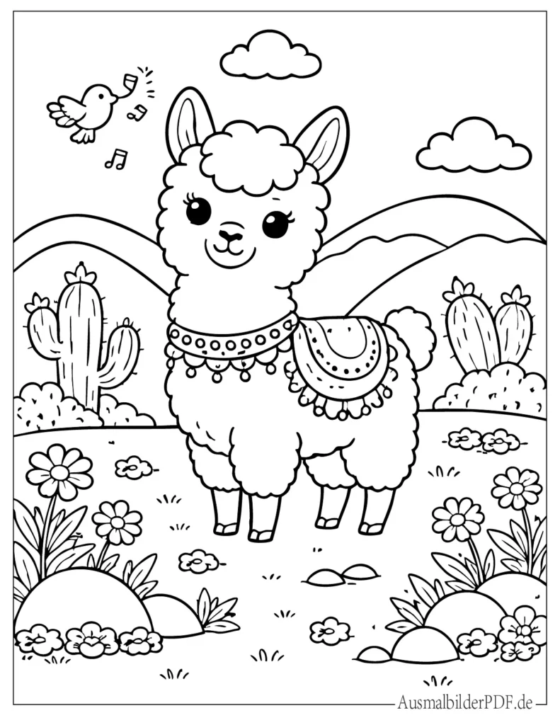Ausmalbild eines süßen Baby Lamas im kawaii Stil, perfekte Malvorlage für Kinder zum Ausdrucken