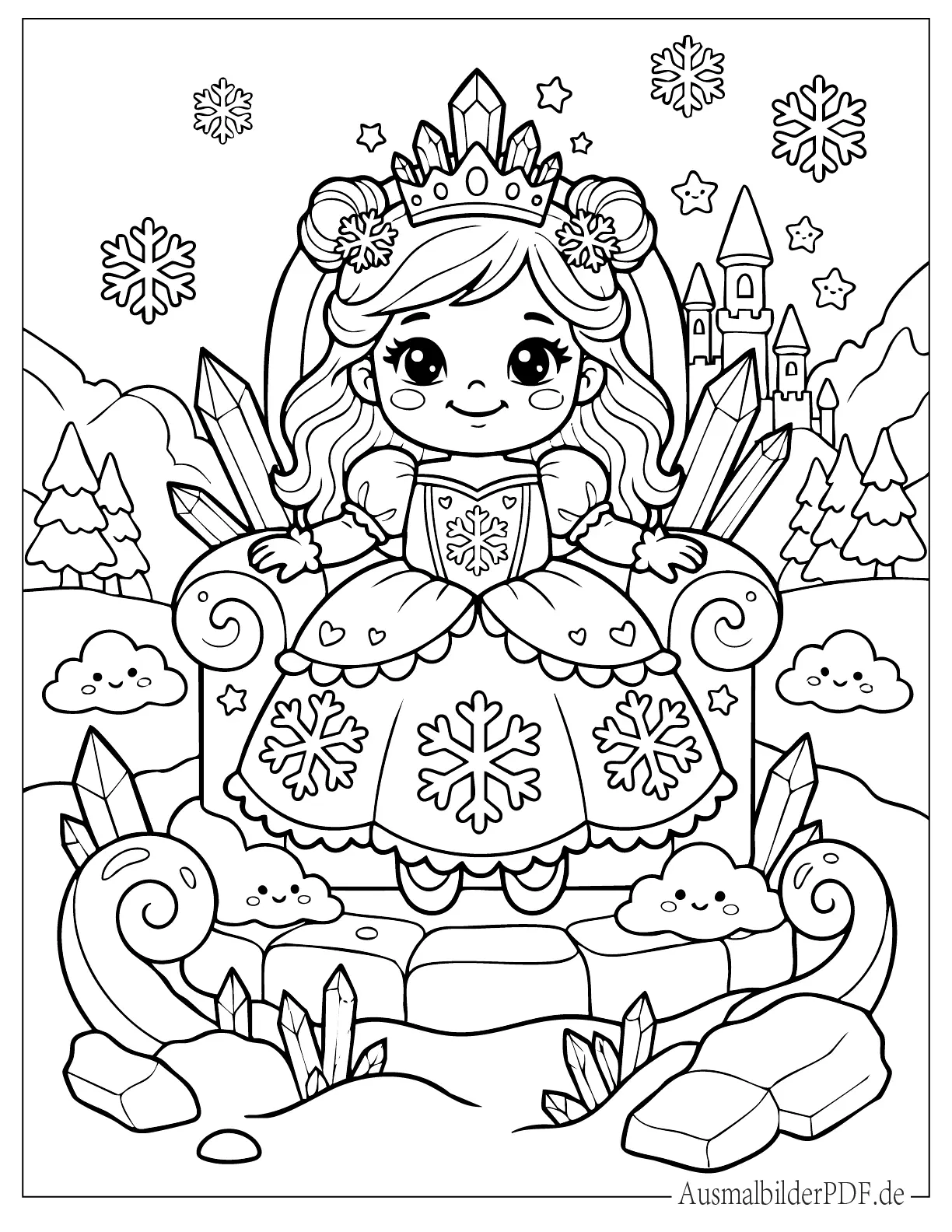 Schneekönigin Ausmalbilder (Gratis Malvorlagen zum Download) Süße Chibi Baby Schneekönigin auf Thron Ausmalbild