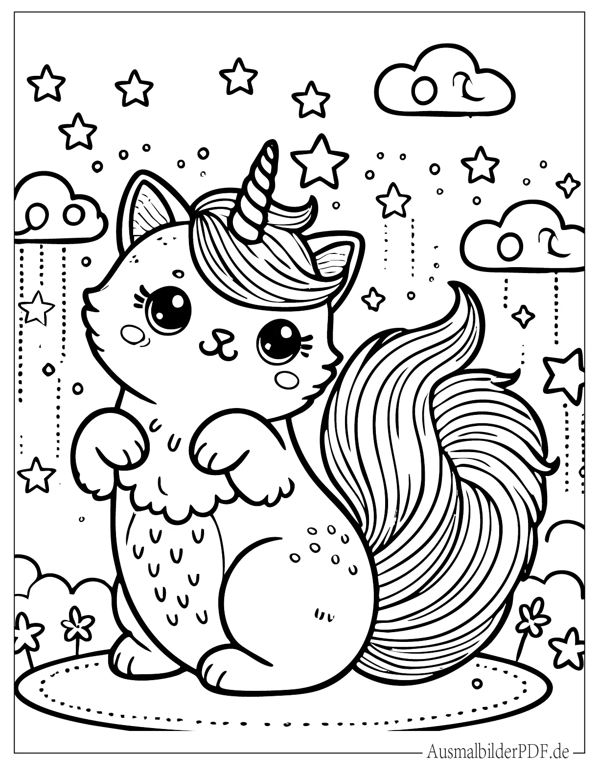 Niedliche Einhorn Katze mit Sternen und Wolken Ausmalbild