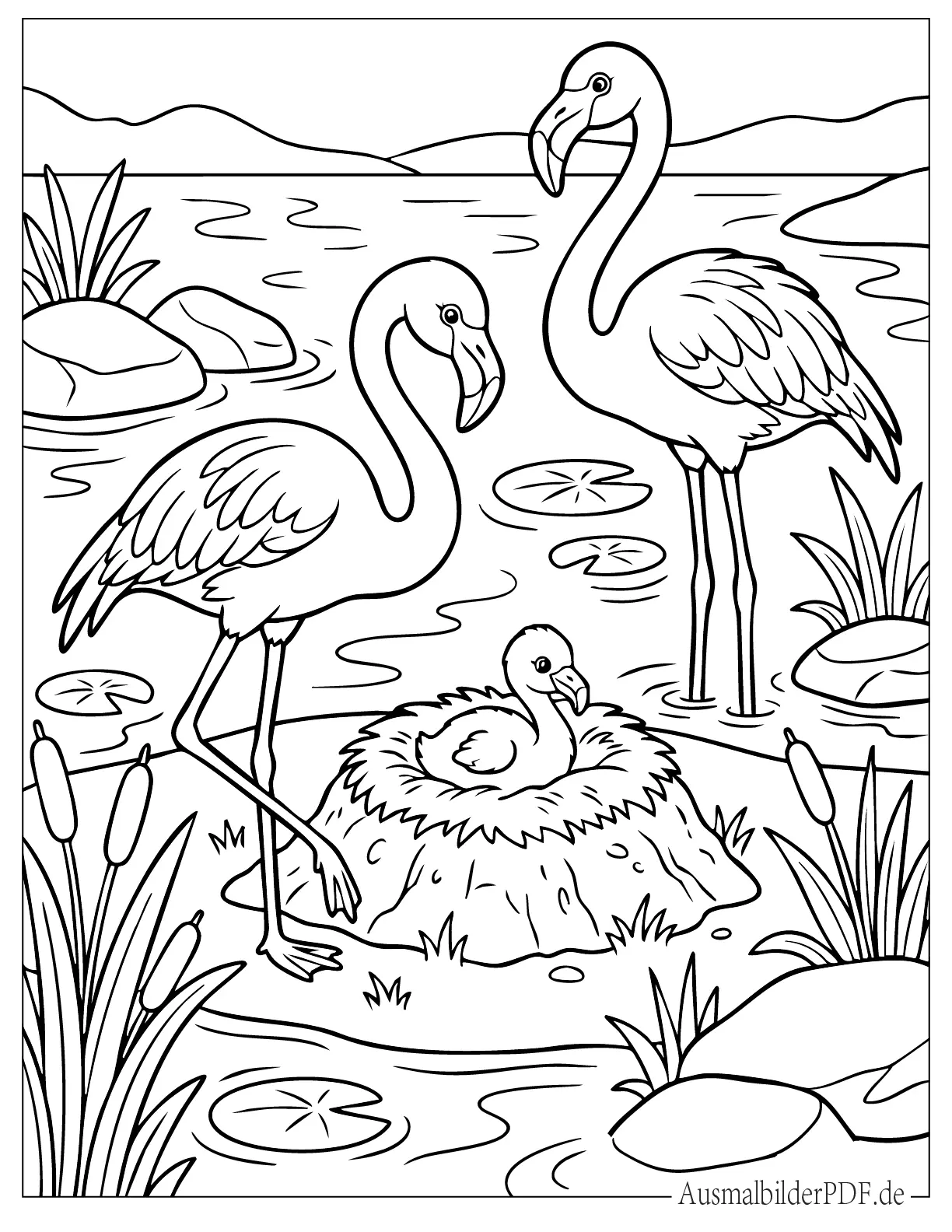 Niedliche Flamingo Männchen und Weibchen mit Baby sitzen im Nest Ausmalbild