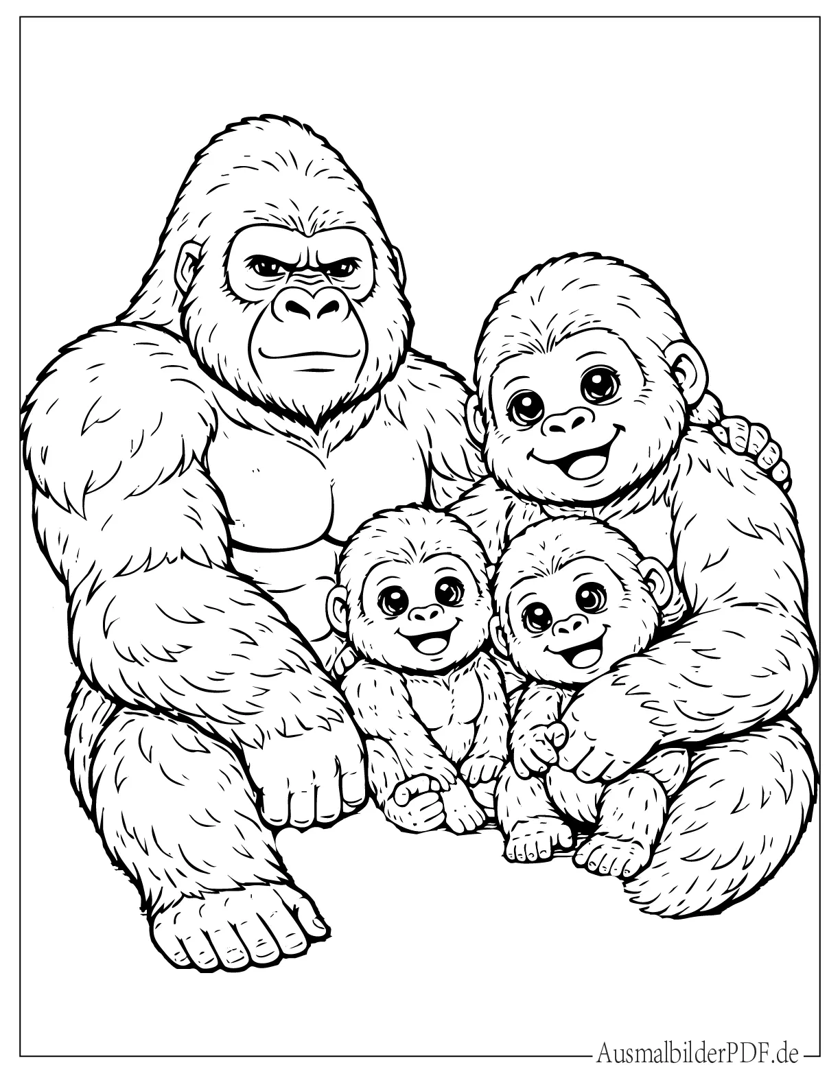 Süße Gorilla Familie Silberrücken Mutter und Babys zum Ausmalen
