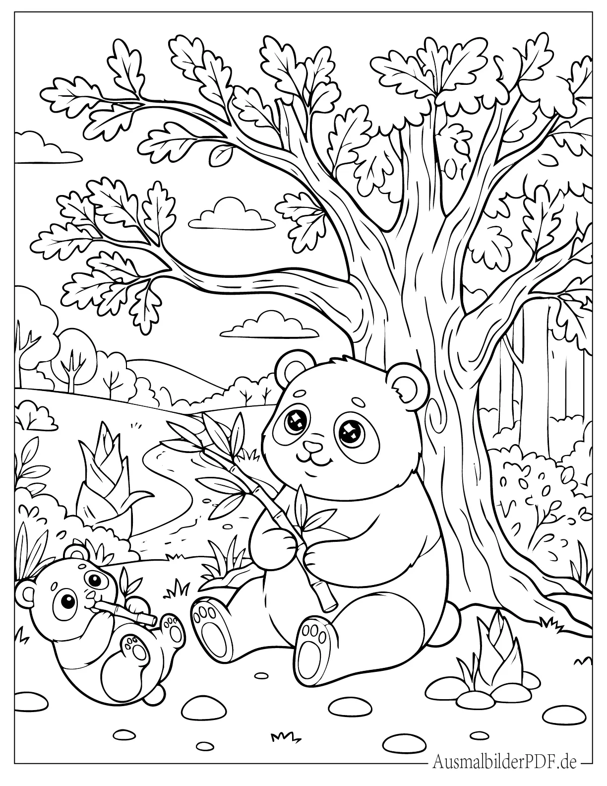 Süße Kawaii Panda Mutter mit Baby sitzt in der Wildnis Malvorlage